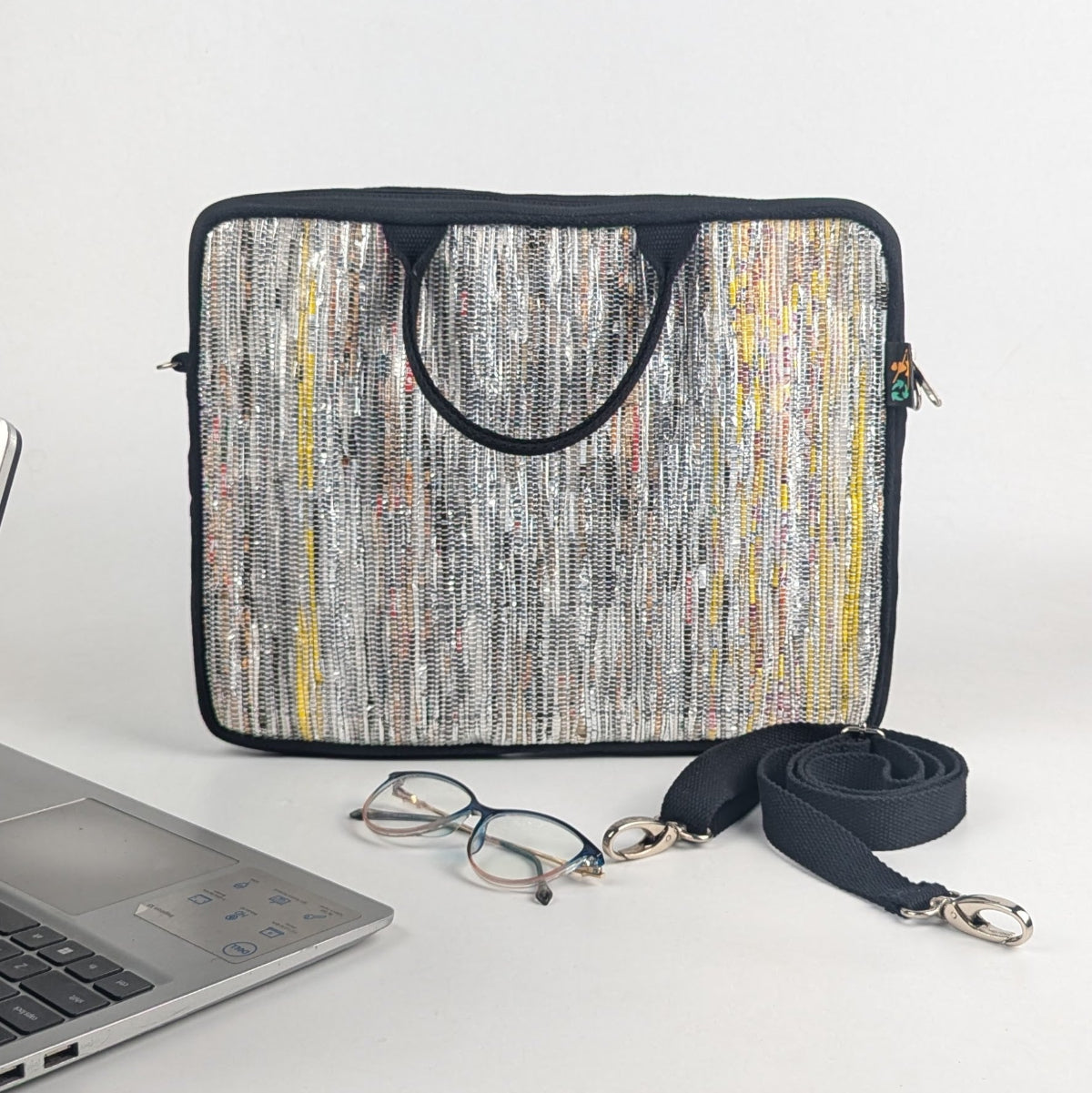 Silver with Black and Maggi Mix Upcycled Handwoven Laptop Sleeves 14 inches (LSB140225-008) PS_W