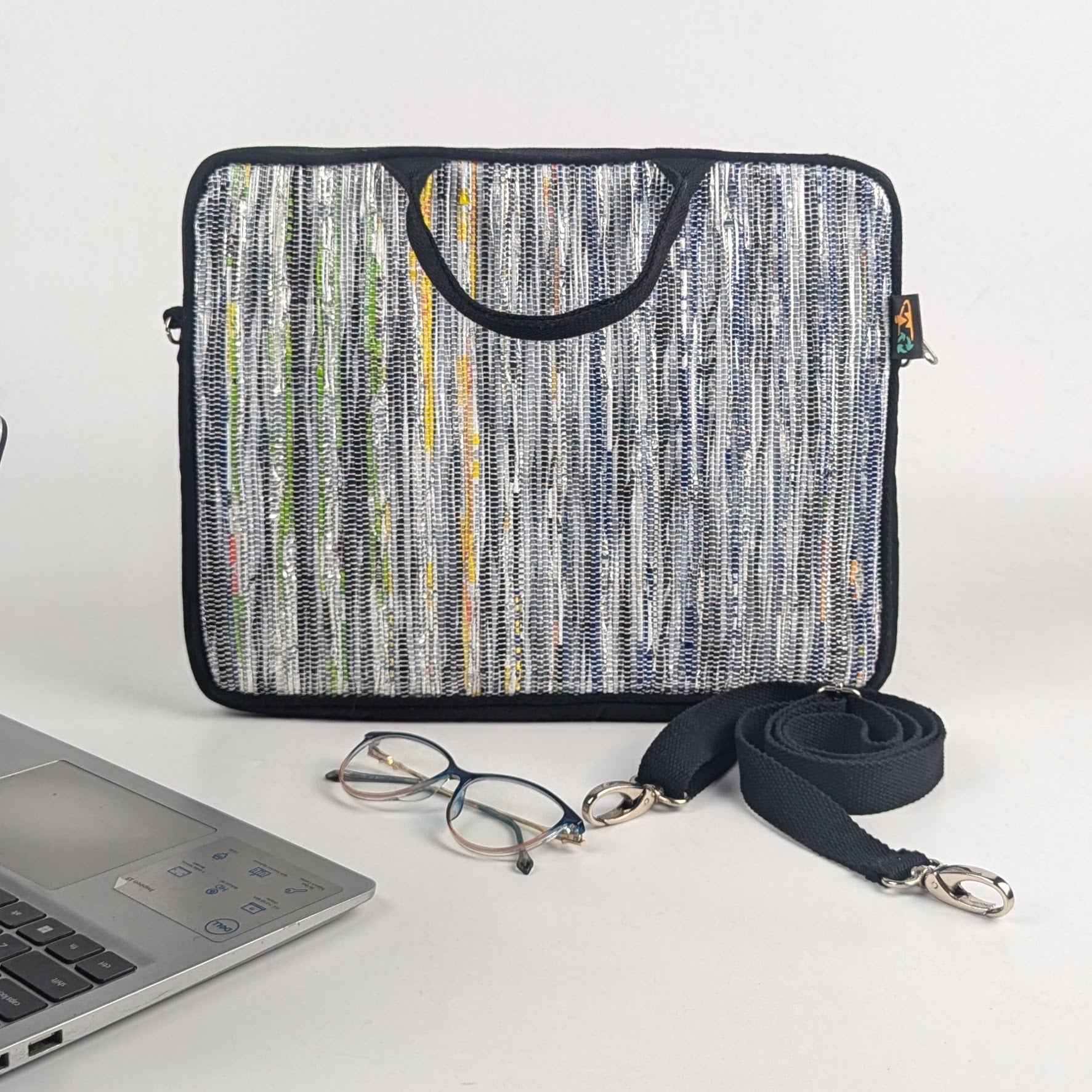 Silver with Yellow Blue  mix  Upcycled Handwoven Laptop Sleeve 14 inch (LSB140225-003) PS_W