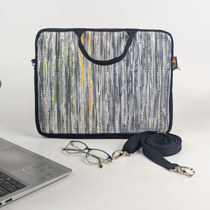 Silver with Yellow Blue  mix  Upcycled Handwoven Laptop Sleeve 14 inch (LSB140225-003) PS_W