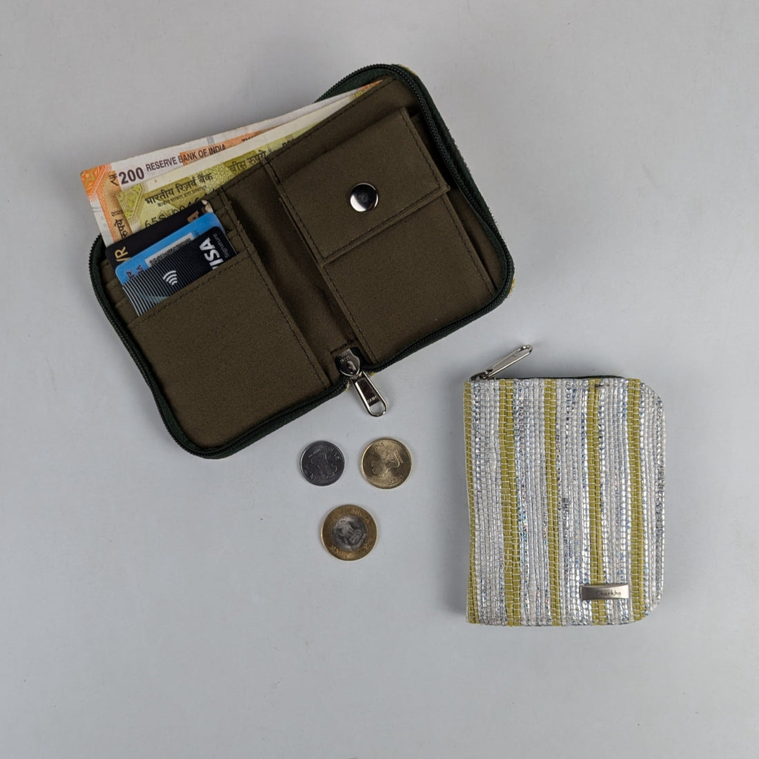 Silver with Yellow Stripes Upcycled Handwoven D Wallet (DW0225-004) PS_W