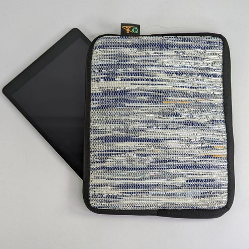 Silver and Blue Shimmery Waste Plastic Wrappers Upcyled Handwoven Tablet Sleeve (TS0424-003)