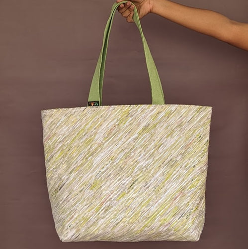 Silver and Green Waste Plastic Wrappers Upcycled Handwoven Beach Bag (BB0424-025) PS_W