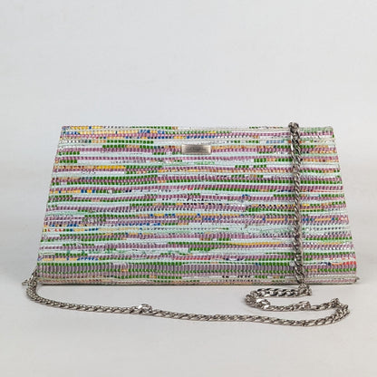 Multicolored striped clutch bag with a chain strap on a white background