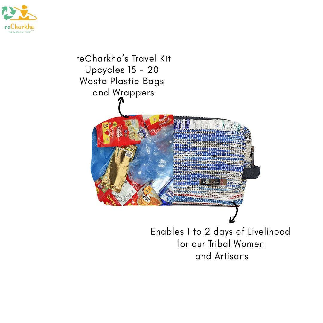 recharkha Upcycled Handwoven Travel Pouch Kit Impact All sides different patterns and colors