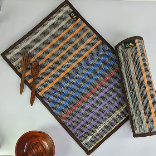 (TM0324-107) Cassette Tape Brown and Multicolored Waste Plastic Wrappers Upcycled Handwoven Table Mat (Set of 2)