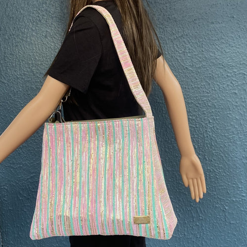 (TT0224-100) Pink Turquoise Golden  Glitter Thin Stripes Upcycled Handwoven Trapeze Tote