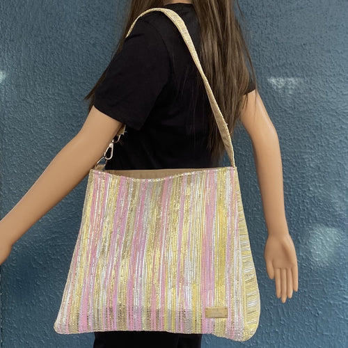 (TT0224-107) Pink Yellowish Golden Gitter Upcycled Handwoven Trapeze Tote
