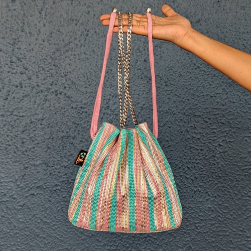 Turquoise Thick Stripes with Pink Golden Glitter Upcycled Handwoven Girija Potli Sling (GP0324-107)