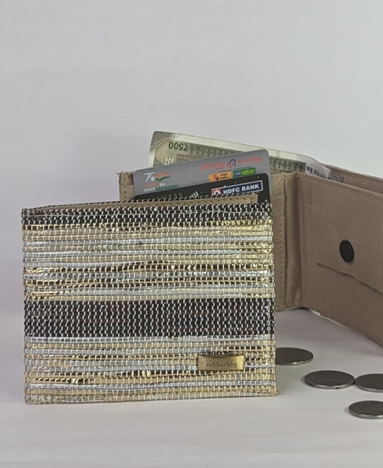 (W0224-113) Gold Silver Mix with Brown Cassette Tapes Bands Upcycled Handwoven Wallet
