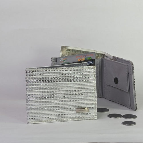 (W0224-114) Silver Glittery and white Upcycled Handwoven Wallet