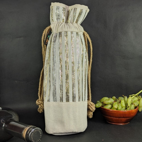 (WB0324-100) White and Golden Glittery Striped Waste Plastic Wrappers Upcycled Handwoven Wine Bottle Holder