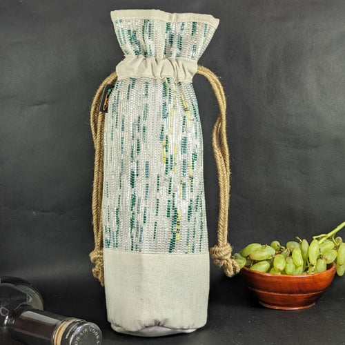 (WB0324-101) White and Green D Mart Waste Plastic Wrappers Upcycled Handwoven Wine Bottle Holder