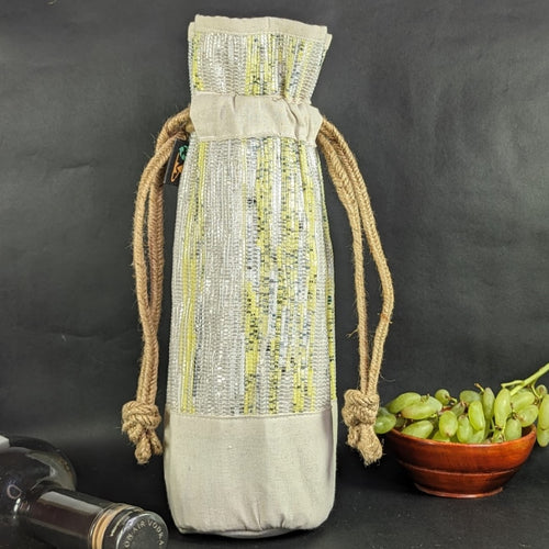 (WB0324-102) White and Yellow Waste Plastic Wrappers Upcycled Handwoven Wine Bottle Holder