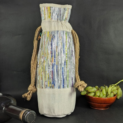 (WB0324-103) Multicolored Glittery Waste Plastic Wrappers Upcycled Handwoven Wine Bottle Holder