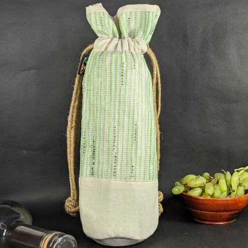 (WB0324-104) White and Green with Black Tints Waste Plastic Wrappers Upcycled Handwoven Wine Bottle Holder