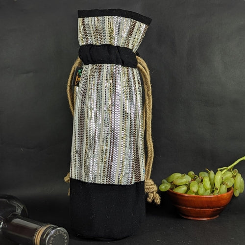 (WB0324-106) Multicolored Glittery Waste Plastic Wrappers Upcycled Handwoven Wine Bottle Holder