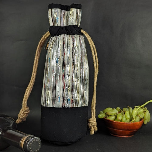 (WB0324-107) Multicolored Glittery Waste Plastic Wrappers Upcycled Handwoven Wine Bottle Holder
