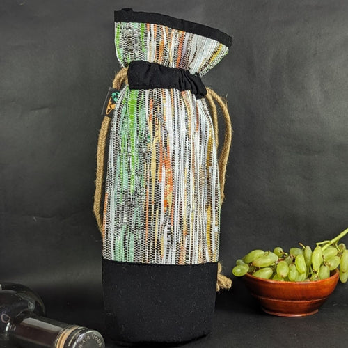 (WB0324-108) Multicolored Waste Plastic Wrappers Upcycled Handwoven Wine Bottle Holder