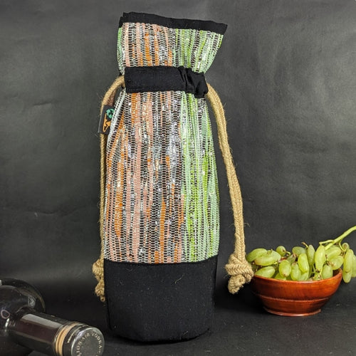 (WB0324-109) Multicolored Waste Plastic Wrappers Upcycled Handwoven Wine Bottle Holder