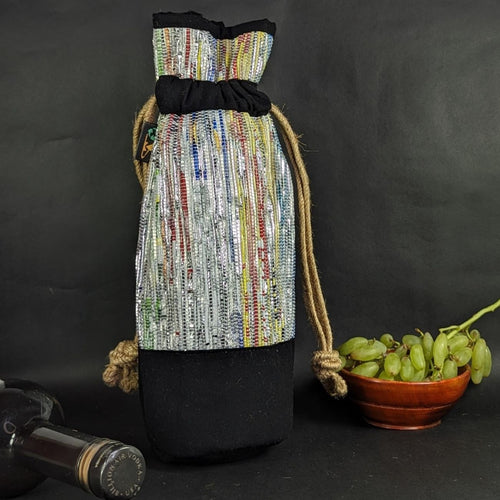 (WB0324-110) Multicolored Glittery Waste Plastic Wrappers Upcycled Handwoven Wine Bottle Holder