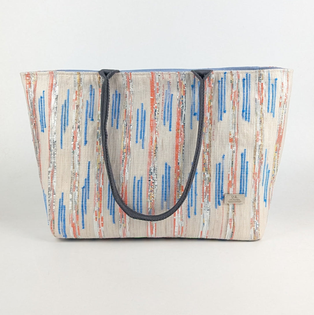 WHite with Red Bands and Blue Ikkat Pattern Upcycled Handwoven Designer Office Tote (OTD0225-008) PS_W