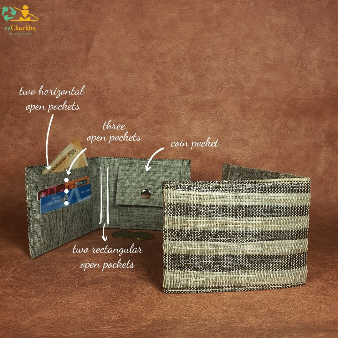 reCharkha Upcycled Handwoven Recycle Livelihoods Handcraft Wallet Ethically Tribal Made in India Pune Warli Tribe Handloom Refash Trash Fash Waste EcoSocial Upcyclers Conscious Fashion Upcycled slow Trending Swadeshi Weave Textile