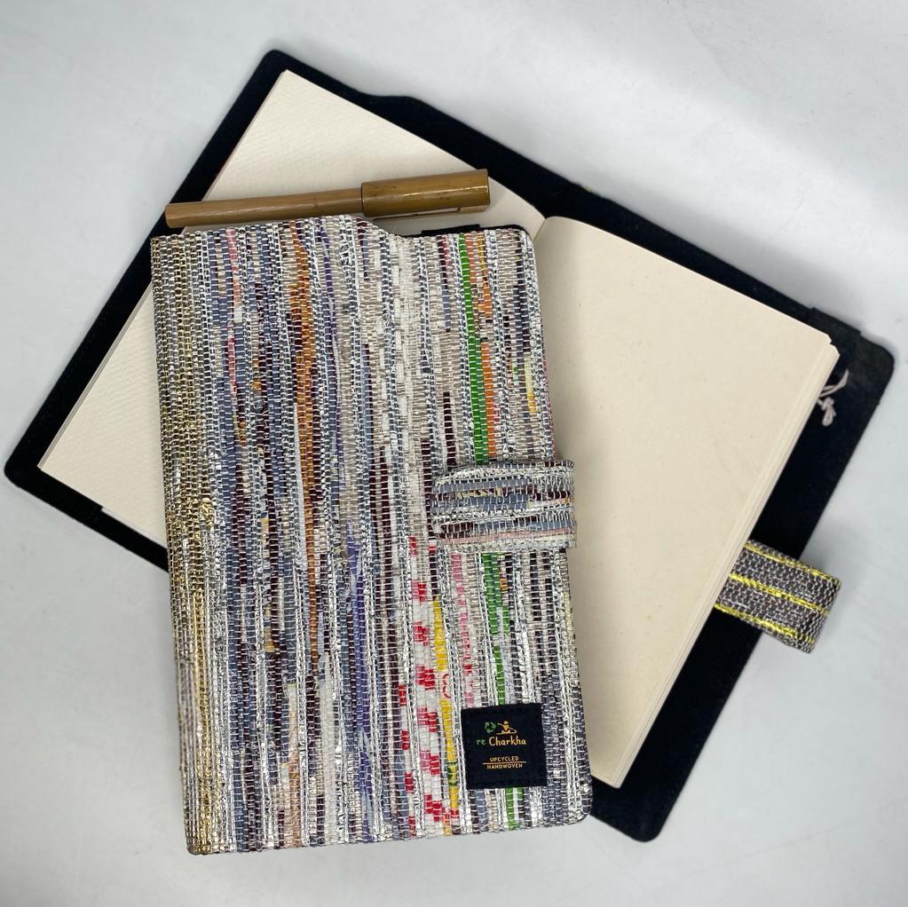 reCharkha Upcycled Handwoven Recycle Livelihoods Handcraft Diary Reusable Book Novel Cover Handmade Recycled Ethically Tribal Made in India Pune Warli Tribe Handloom Refash Trash Fash Waste EcoSocial Upcyclers Conscious Fashion Upcycled slow Trending Swadeshi Weave Textile