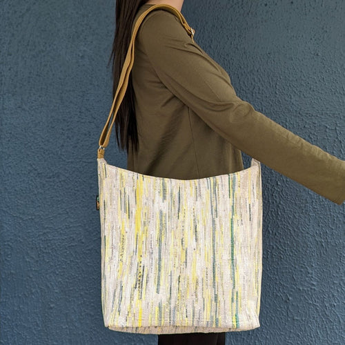 White Green and Yellow Waste Plastic Wrappers Upcycled Handwoven Eclipse Jhola Tote (EJ0424-003) PS_W