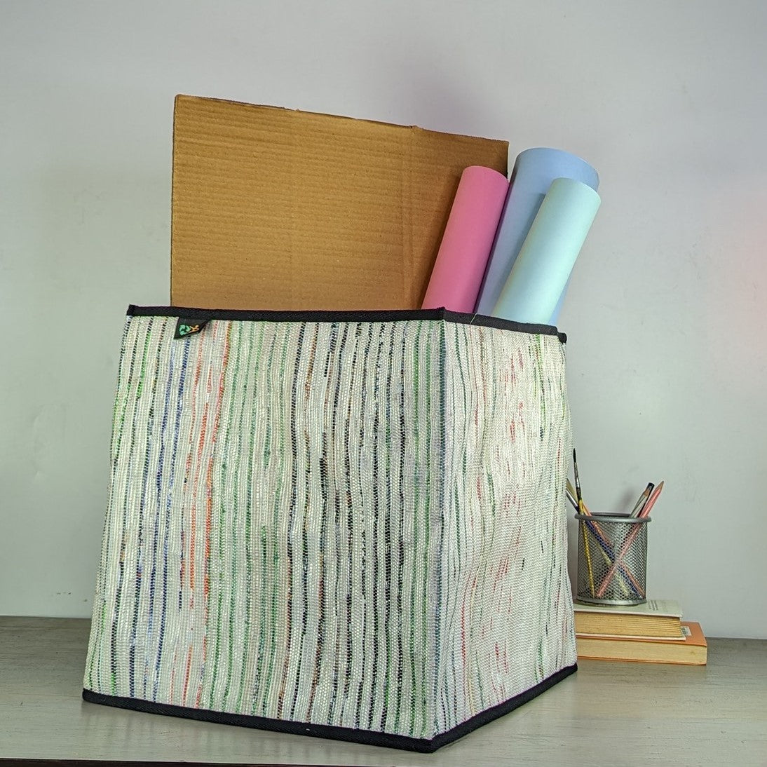 White Plastic Wrappers with Multicolored Stripes Upcycled Handwoven Collapsible Storage Basket Big (CSBB0324-110)