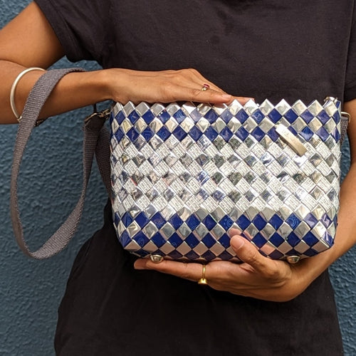 White Sliver Blue Plastic Wrappers Upcycled Origami Handcrafted Basketry Clutch Sling (NBB0424-008)