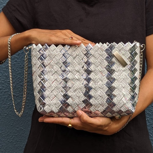 White Sliver Waste Plastic Wrappers Upcycled Origami Handcrafted Basketry Clutch Sling (NBB0424-007)