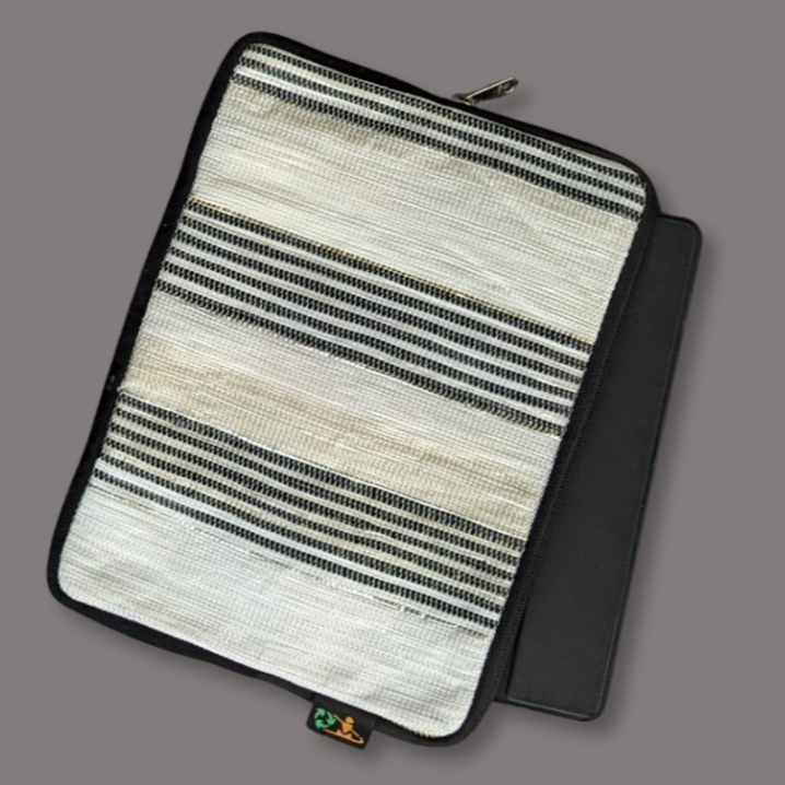 White Black Striped Upcycled Handwoven Tablet Sleeve (TS1224-013) PS_W
