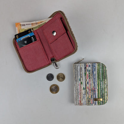 White Green with Gold Stripes Upcycled Handwoven D Wallet (DW0225-028) PS_W