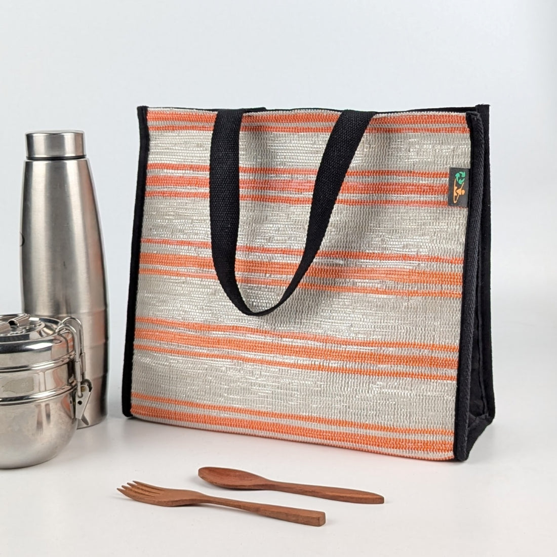 White Orange Striped Upcycled Handwoven Lunch Bag (LB0225-010) PS_W