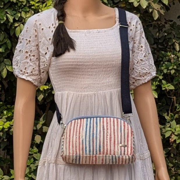White Red Blue Striped Upcycled Handwoven Taco Sling (TSL1224-022) PS_W