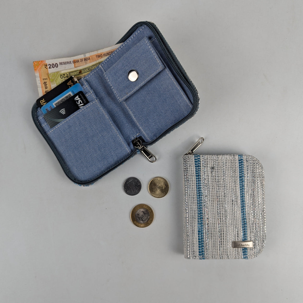 White SIlver with Blue Stripes Upcycled Handwoven D Wallet (DW0225-019) PS_W