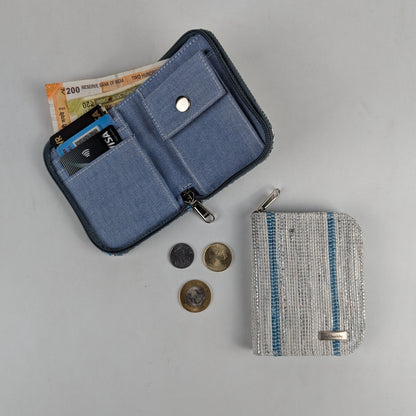 White SIlver with Blue Stripes Upcycled Handwoven D Wallet (DW0225-019) PS_W
