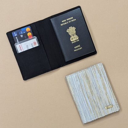 White and Golden Shimmery Upcycled Handwoven Passport Cover (PC1224-003) PS_W