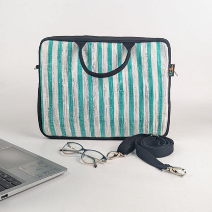 White and SIlver with Turquoise Stripes Upcycled Handwoven Laptop Sleeves 14 inches (LSB140225-006) PS_W