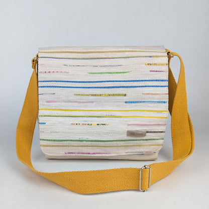 White with Multi Colour streaks Upcycled Handwoven Messenger Bag (MB0325-003) PS_W
