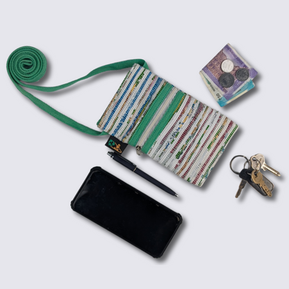White with Multicolour stripes Upcycled Handwoven Mobile Sling (MSL0225-002) PS_W