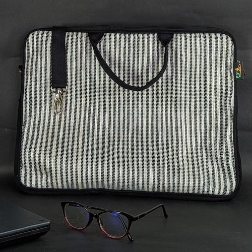 White and Black Striped Waste Plastic Wrappers Upcycled Handwoven Laptop Sleeves 16 inches (LSB160324-109)