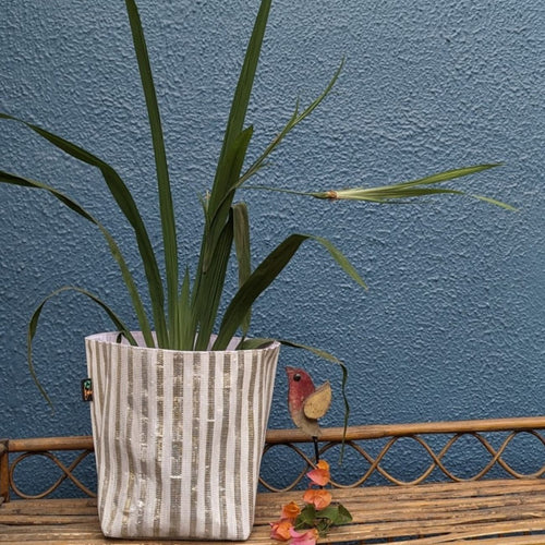White and Golden Shimmery Waste Plastic Wrappers Upcycled Handwoven Grow Pot Big (GPB0424-003)