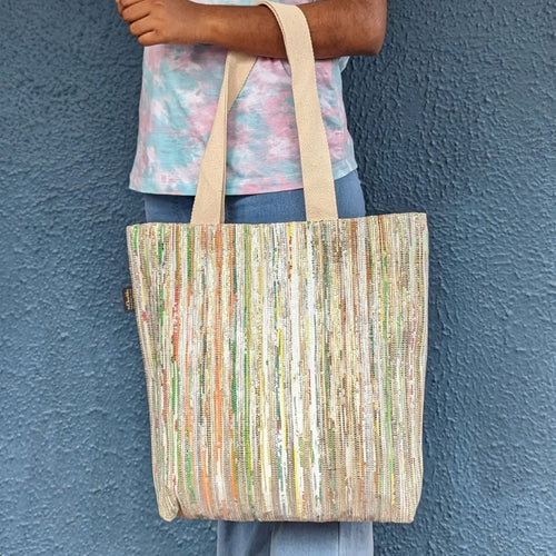 White and Golden with Multicolored Stripes Waste Plastic Wrappers Upcycled Handwoven Shop N Go (SNG0324-001)