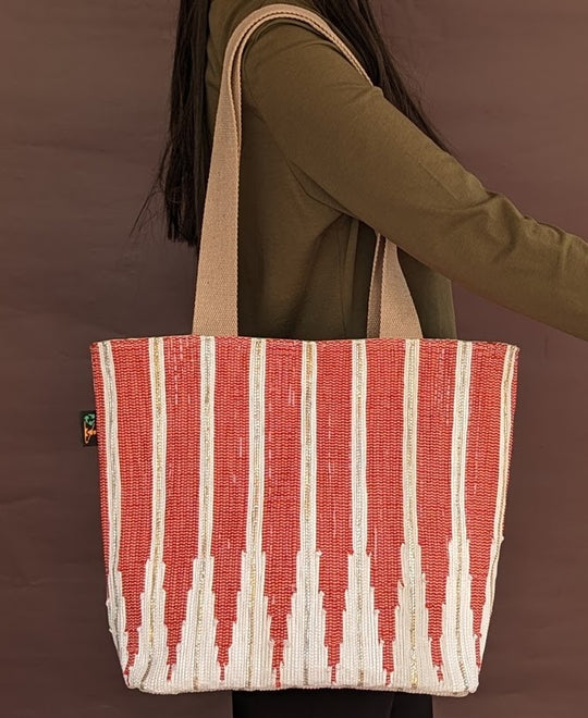 White and Red Upcycled Handwoven Designer Shopper Tote (DST0524-001) PS_W