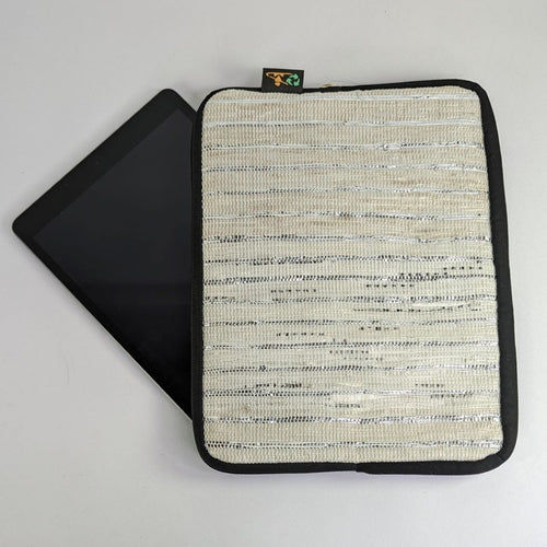 White and Silver Striped Waste Plastic Wrappers Upcyled Handwoven Tablet Sleeve (TS0424-005)