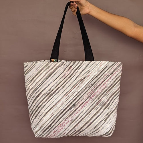 White with Amazon Wrapper Stripes Waste Plastic Wrappers Upcycled Handwoven Beach Bag (BB0424-032) PS_W