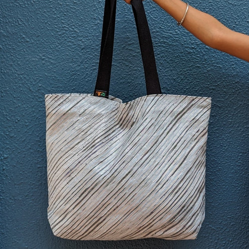 White with Black and Sliver Stripes Waste Plastic Wrappers Upcycled Handwoven Beach Bag (BB0424-009)