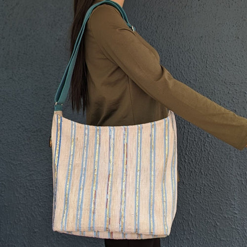 White with Blue and Silver Stripes Plastic Wrappers Upcycled Handwoven Eclipse Jhola Tote (EJ0424-006) PS_W