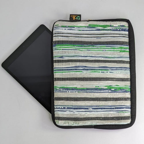 White with Gree Blue and Black Stripes Waste Plastic Wrappers Upcyled Handwoven Tablet Sleeve (TS0424-004)